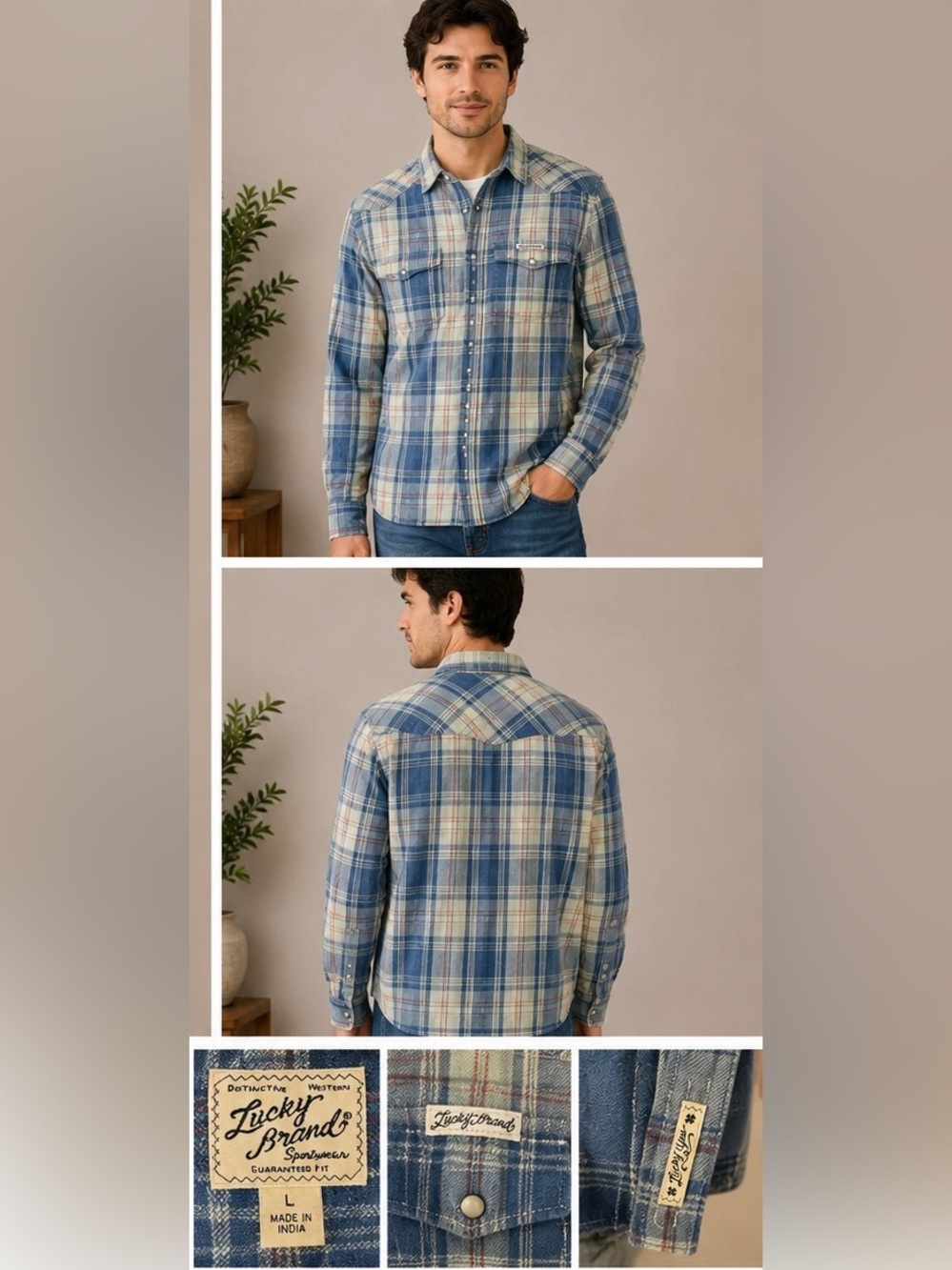 Lucky Brand Blue and Cream Plaid Button-Down Shirt - Picture 2 of 7
